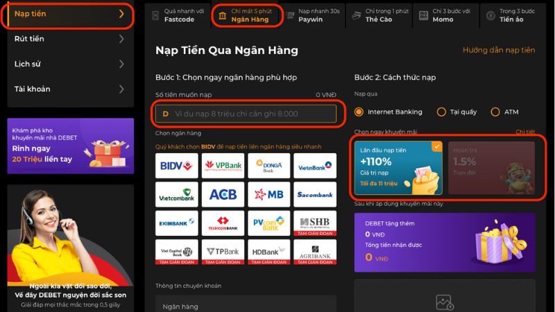 Hàng loạt các phương thức giao dịch nạp tiền tại Debet